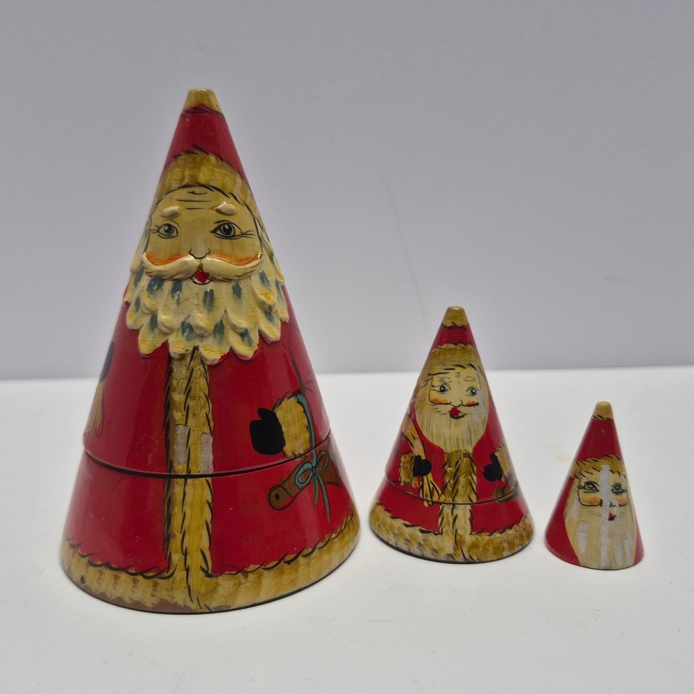 Vintage Hand Painted Wooden Conical Santa Claus Nesting Dolls Set of 3 Christmas